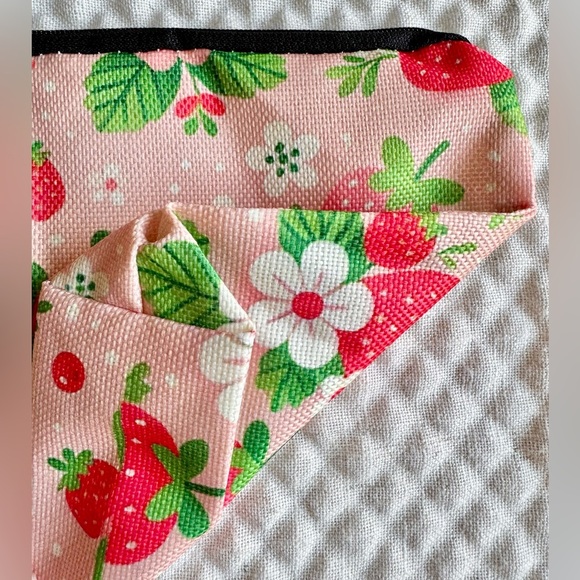 New Strawberries & Flowers Pink Makeup Cosmetic Tech Pencil Bag w/ Charm - 9.5” - Picture 5 of 6